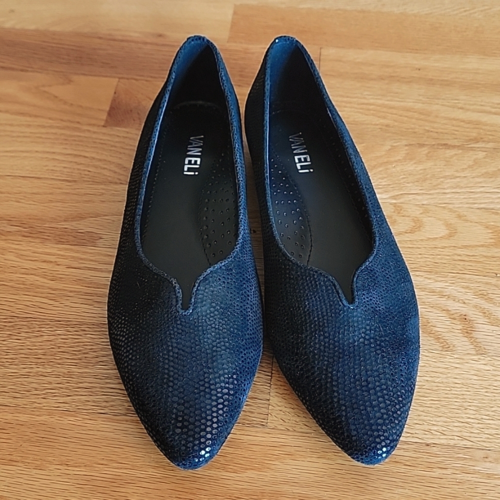 Vaneli Black Pointed Toe Black Shimmer Flats